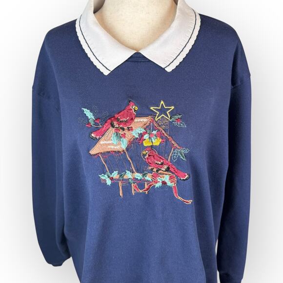 VTG Bobbie Brooks Collared Blue Embroidered Christmas Sweatshirt XL - Picture 2 of 8